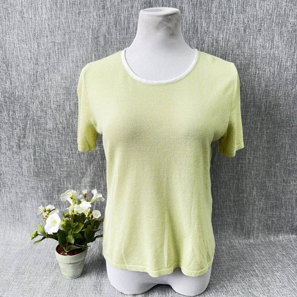 Vtg LUCIA Germany Pastel Lime Green Knit Short Sleeve Top Blouse Women's Sz 10/M